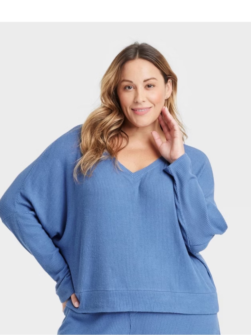 Auden Plus Size V-Neck Waffle Knit lounge top- Dusty Blue. TOP ONLY